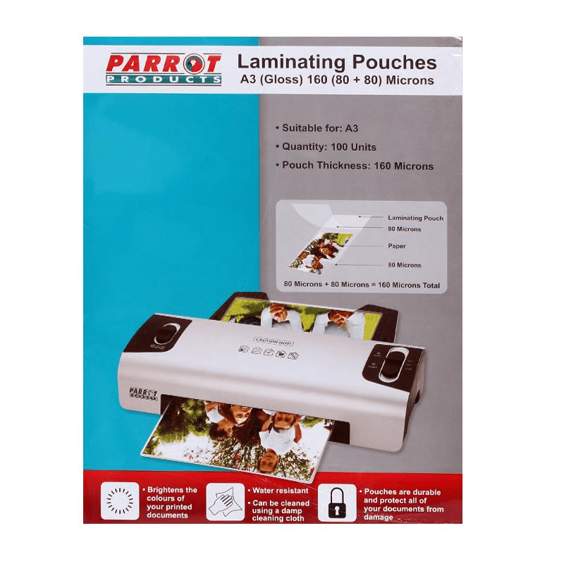 Parrot Laminating Pouches (A3 - Gloss - 305x426mm - 160 (80+80) Microns - Box 100)