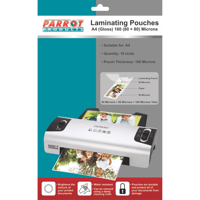 Parrot Laminating Pouches A4 Gloss 220x310mm 160 (80+80) Microns 10-pack LFA480/10