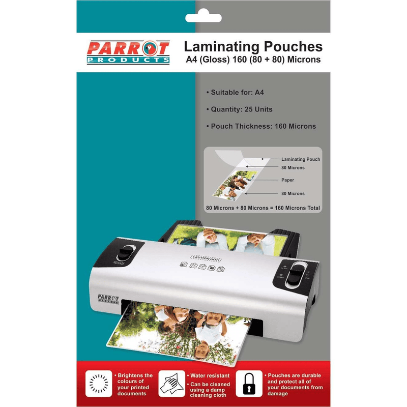 Parrot Laminating Pouches A4 Gloss 220x310mm 160 80 and 80 Microns 25-pack LFA480/25