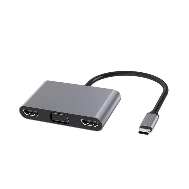 Tuff-Luv 5 in 1 Hub Type C to Dual HDMI +VGA+USB+PD with 100Watt PowerPass through delivery - Silver MF1037