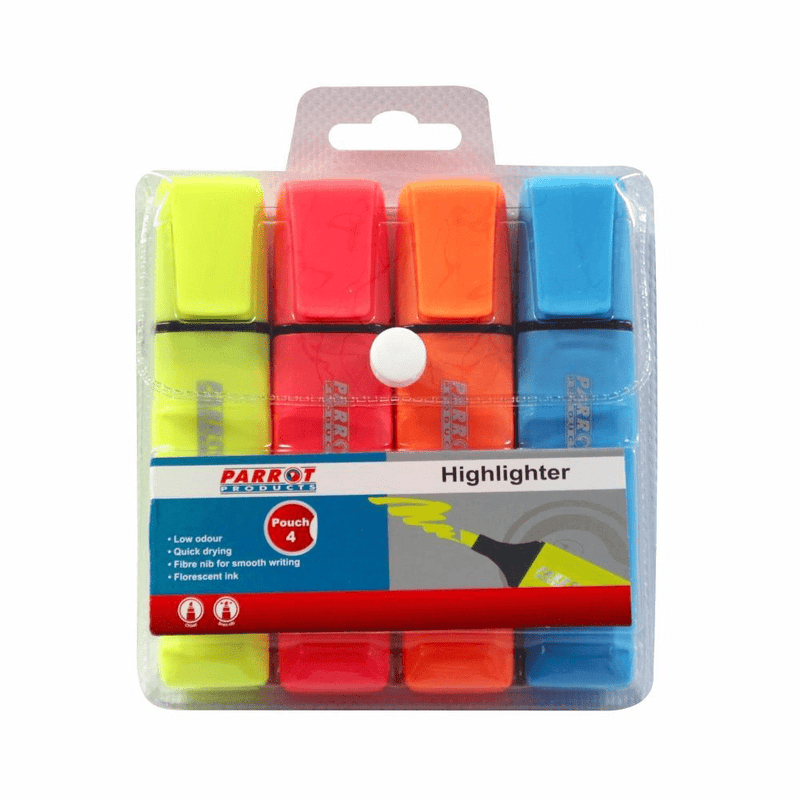 Parrot Highlighter Markers Yellow Pink Blue Orange 4-pack PH0401B