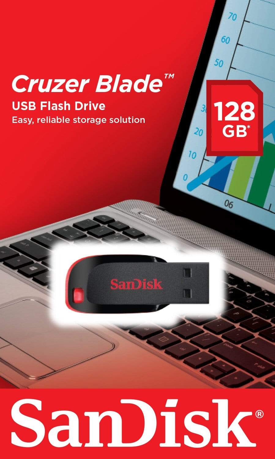 SanDisk Cruzer Blade 128GB USB 2.0 Type-A Black and Red USB Flash