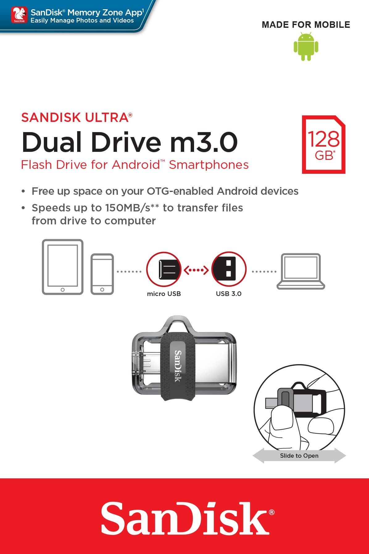 SanDisk Ultra Dual M3.0 128GB USB 3.2 Gen 1 Type-A / Black Silver and Transparent USB Flash Drive SDDD3-128G-G46
