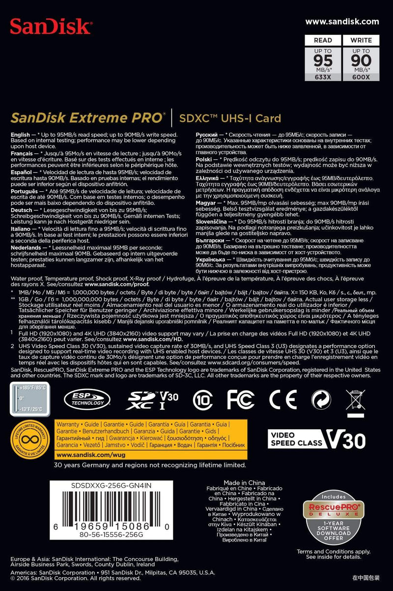 SanDisk Extreme Pro Memory Card 256GB SDXC Class 10 UHS-I SDSDXXG-256G-GN4IN