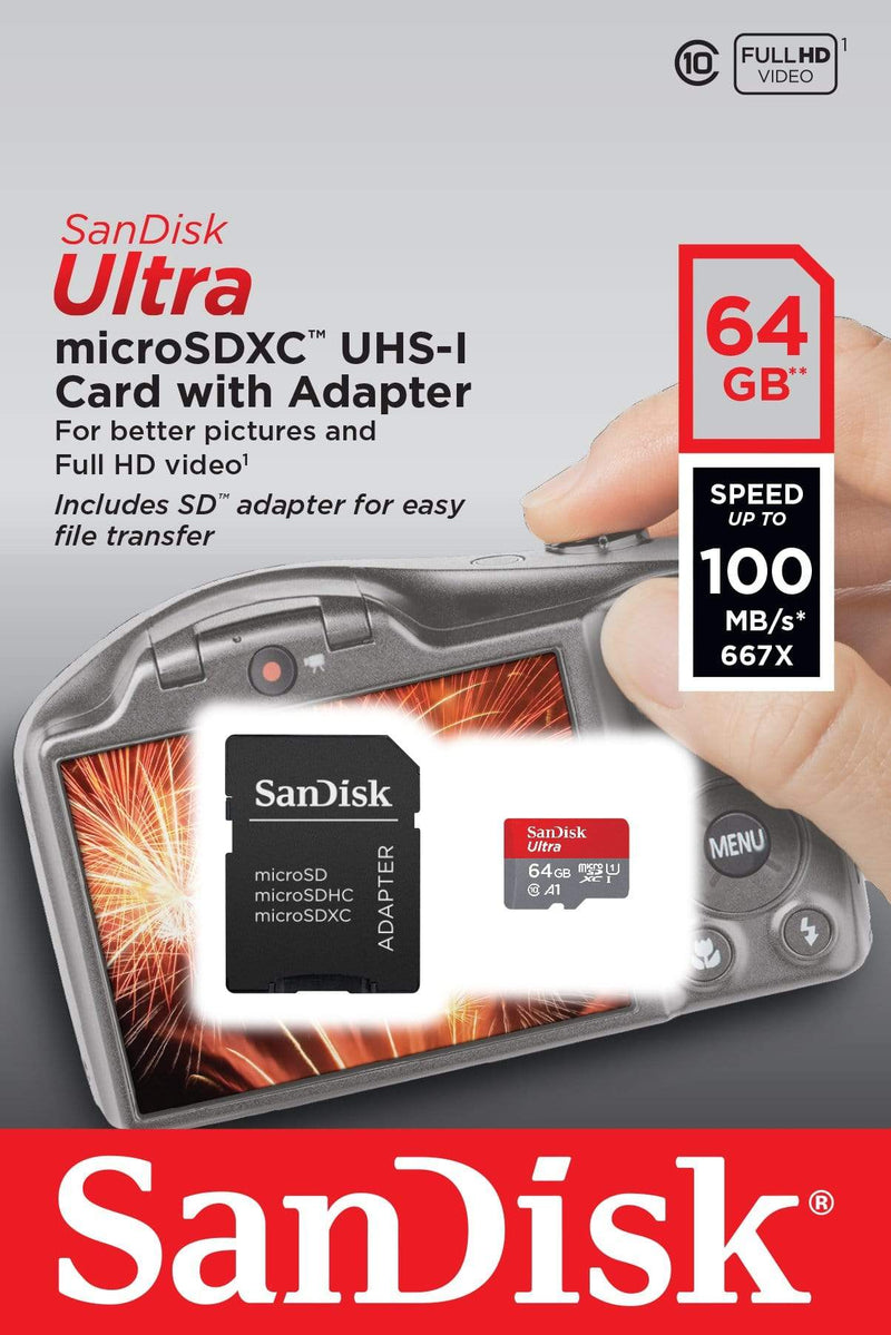 SanDisk Ultra Memory Card 64GB MicroSDXC Class 10 UHS-I SDSQUAR-064G-GN6IA