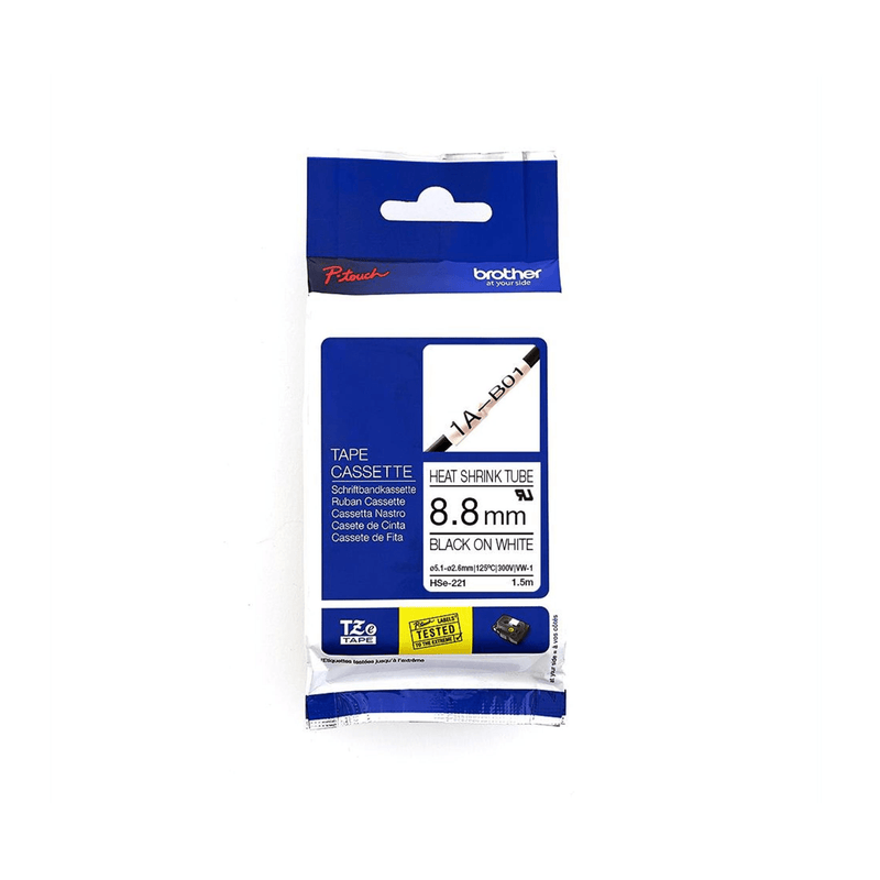 Brother HS-221 8.8mm x 1.5m Black on White Tube Heat Shrink Tape