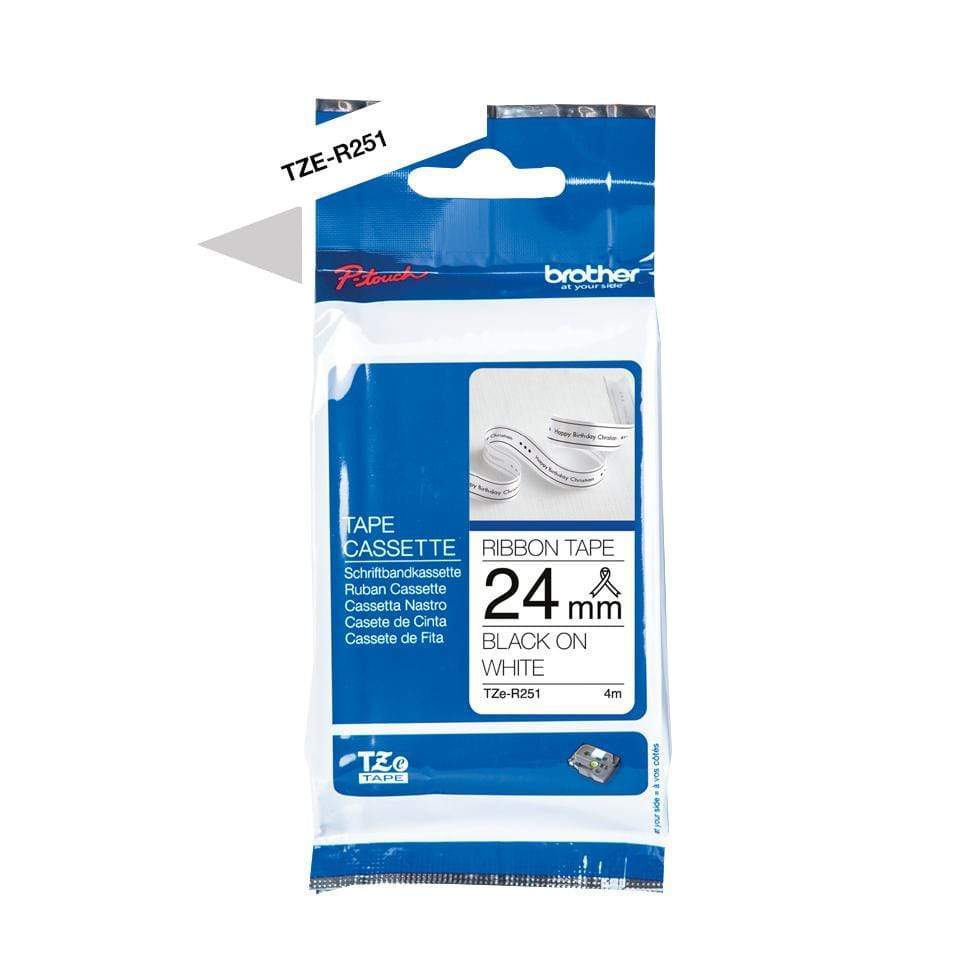 Brother TZE-R251 P-Touch Black Print on White Satin Ribbon 24mm