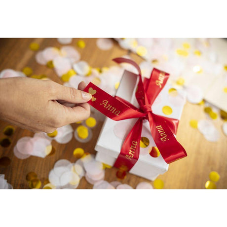 Brother TZE-RW54 P-Touch Gold Print on Red Satin Ribbon 24mm