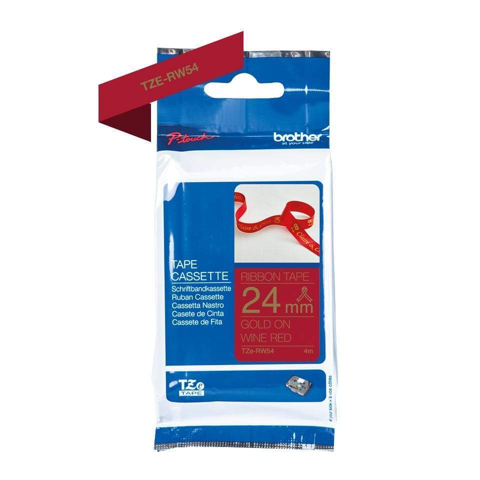 Brother TZE-RW54 P-Touch Gold Print on Red Satin Ribbon 24mm
