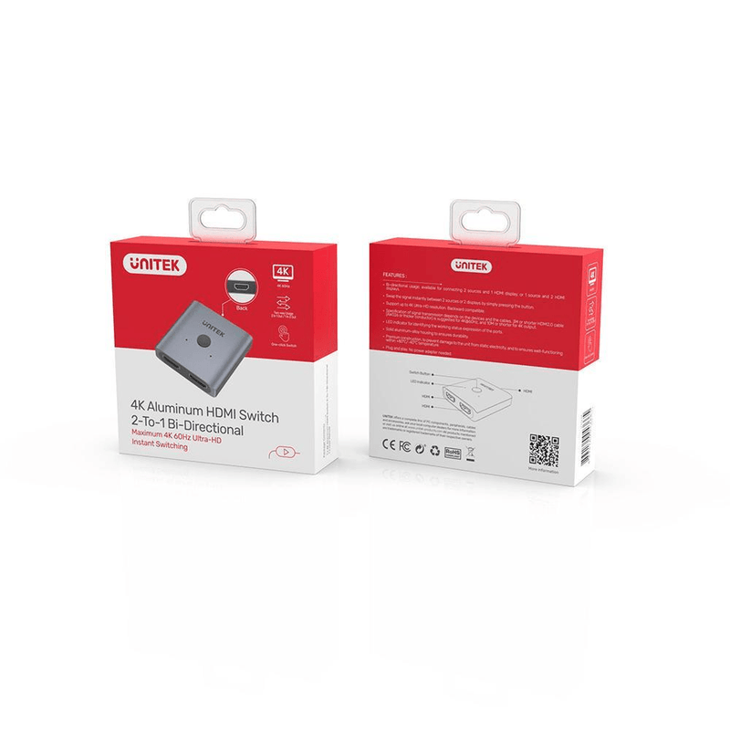 Unitek 4K Aluminium HDMI 2.0 Switch 2-To-1 Bi-Directional V1127A