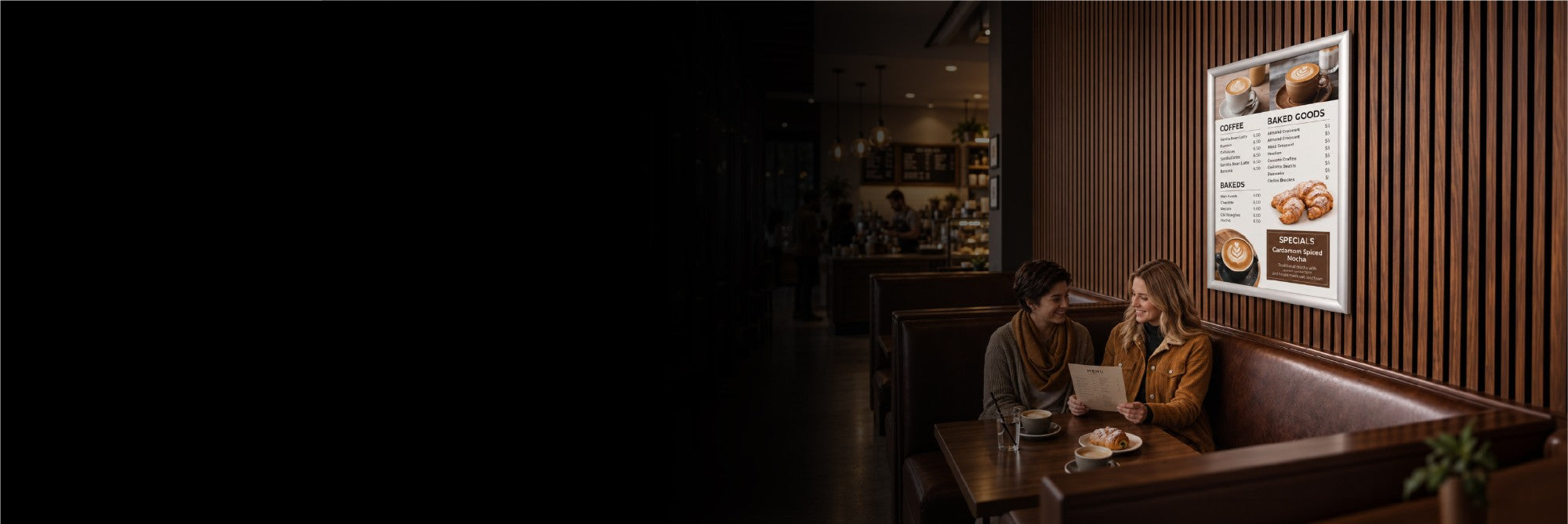 Poster frames and acoustic slatted wall panels displayed in a modern interior